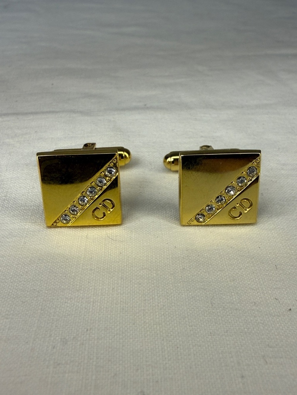 Christian Dior Gold Tone Logo Rhinestone Cufflinks 0.75”